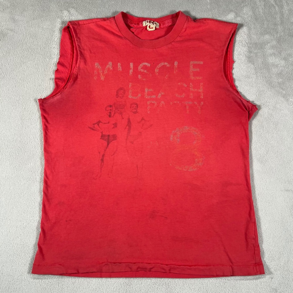 Vintage 90s Muscle Beach Party T-Shirt Men's Size Large Red Distressed Tank Top